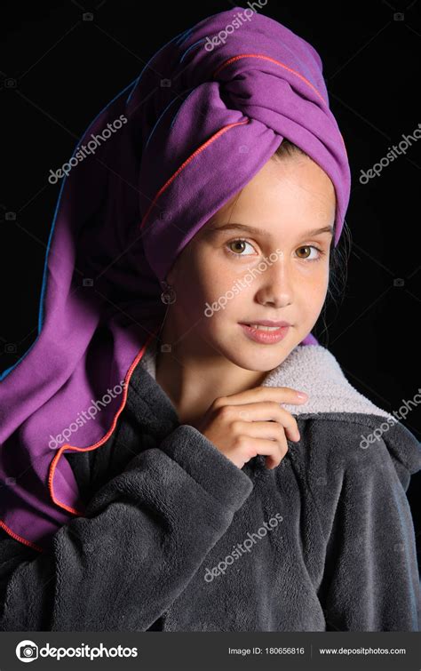 Close Portrait Beautiful Adorable Pretty Young Teen Girl Towel Her