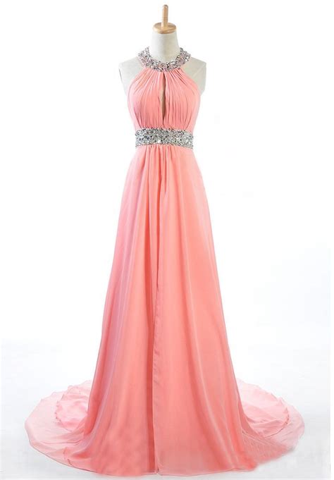 Made To Order Handmade Coral Halter Sequins Long Prom Dresses Coral