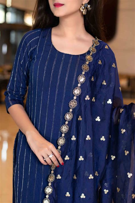 buy women s royal blue kurta set with organza dupatta label shaurya sandhya online at best