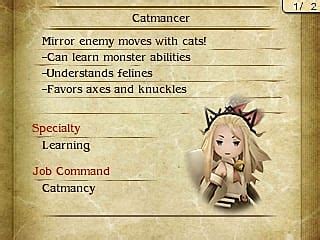 It is the last job you unlock and has a quest to unlock all the abilities. Bravely Second Catmancer Job Guide | Bravely Second