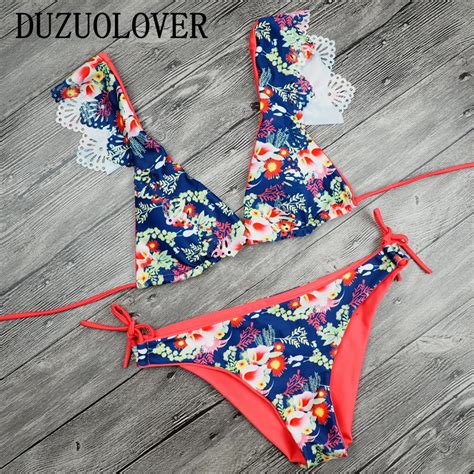 2017 Sexy Ladies V Neck Floral Hollow Out Thong Biquini Ruffled Swimsuit Printed Swimwear