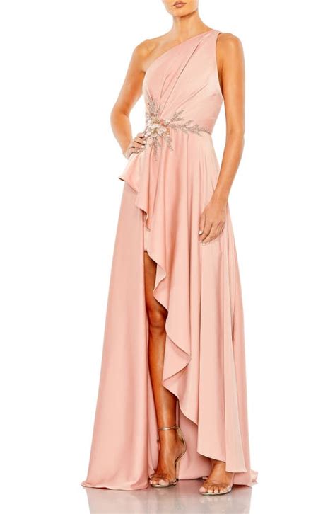 Mac Duggal Embellished One Shoulder Asymmetrical Gown In Rose Modesens