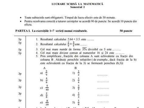 Model Teză Matematică Clasa A 6 A Pe Semestrul 1 Barem Rezolvare