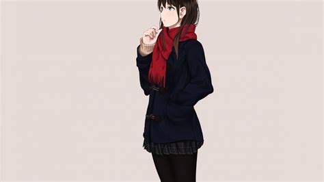 Desktop Wallpaper Minimal Cute Anime Girl Red Scarf Hd Image