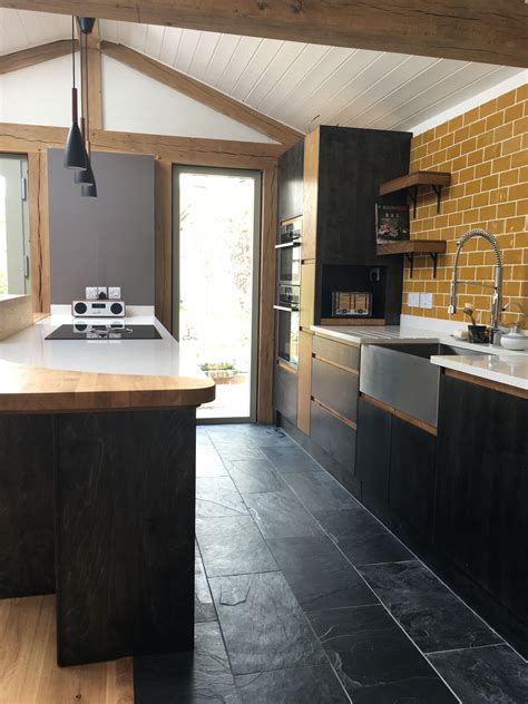 Contemporary Kitchen Fusing Wood And Slate Slate Tile Floor Kitchen Patterned Kitchen Tiles