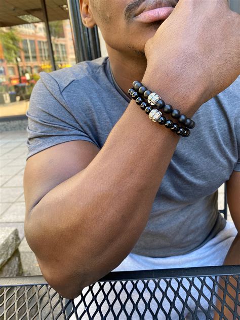 Beaded Bracelet Set Of 2 Black Matte Onyx Beaded Bracelets With Stainless Steel Onyx T Men