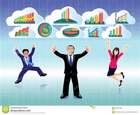 Businessman And Businesswoman Jumping With Business Graphs Cloud Set