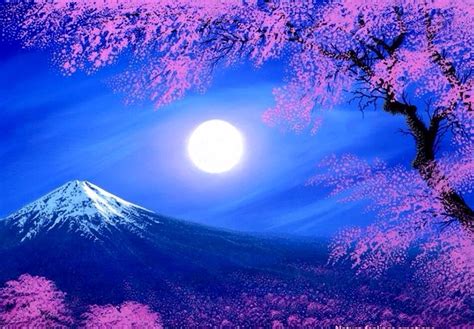 Cherry Blossoms And Moon Art Monte Fuji Moon Painting Diy Painting