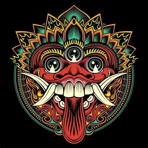 Traditional Ritual Balinese Mask Vector Outline Illustration Vector Png