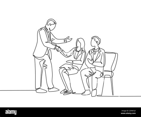 One Line Drawing Of Company Manager Meet And Handshaking Employee