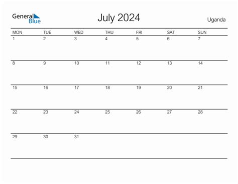 Printable July 2024 Monthly Calendar With Holidays For Uganda