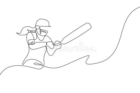 One Single Line Drawing Of Young Energetic Woman Cricket Player