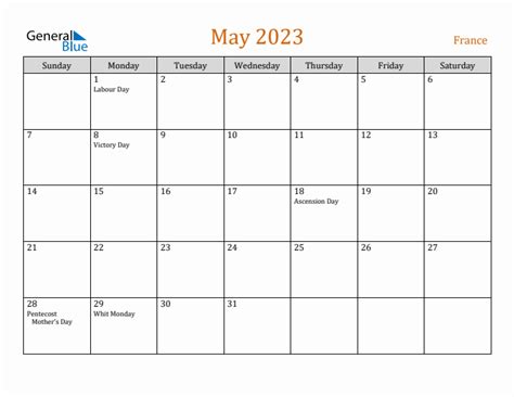 May 2023 Monthly Calendar With France Holidays
