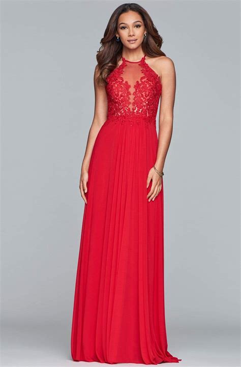 Faviana S10203 Lace Applique Illusion Halter Evening Dress Evening Dresses Halter Evening