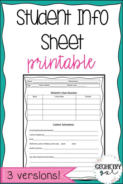 Free Printable Student Information Sheet For Teachers