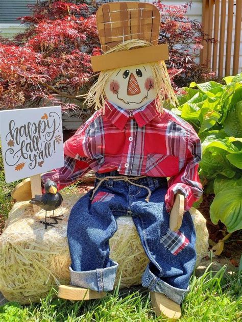 Sitting Scarecrow Wooden Scarecrow Porch Sitter Fall Etsy Scarecrow Decorations Fall Yard