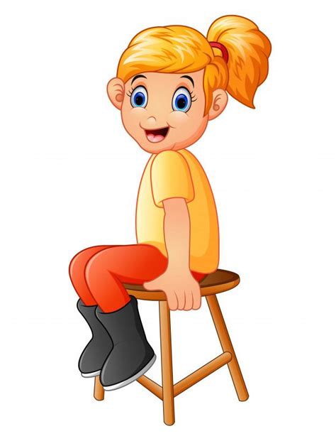 Chica De Dibujos Animados Sentarse En La Silla De Madera Vector Premium