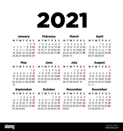 2021 Plantilla De Calendario La Semana Comienza El Lunes Ilustración