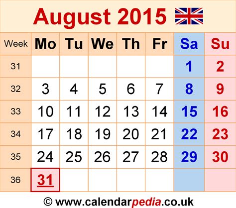Calendar August 2015 Uk With Excel Word And Pdf Templates