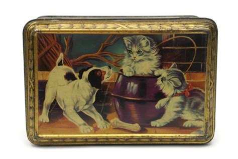 Vintage Candy Tin With Cats And Dog Print Kitten Art Biscuit Tin