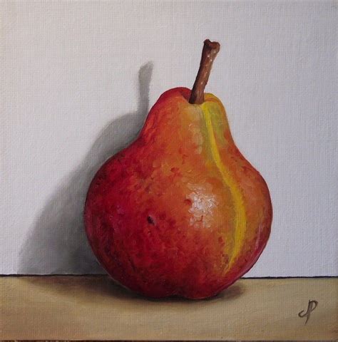 A Painting Of A Red Pear On A Wooden Table With A White Wall In The