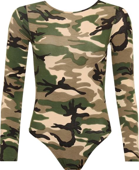 Girlzwalk ® Women Army Camouflage Print Long Sleeve Bodysuit Viscose