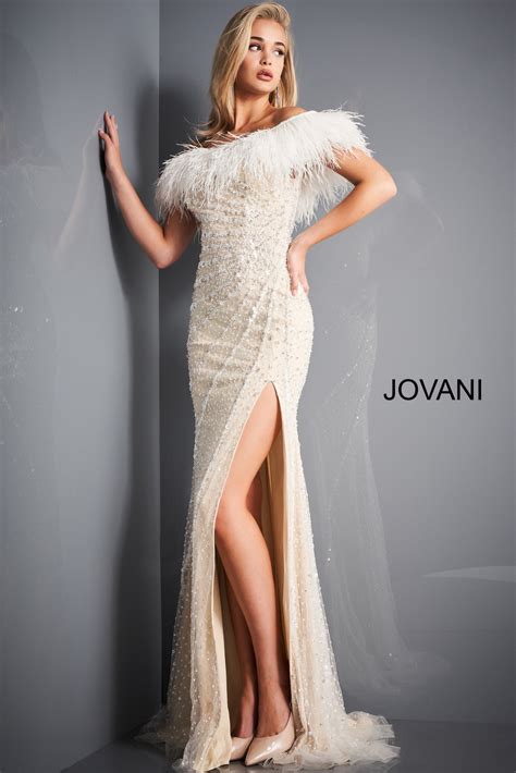 Jovani Off White Nude Feather Neckline Evening Dress