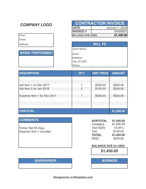 Contractor Invoice Template Contractor Invoices Nutemplates