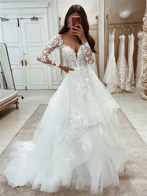 A Line Princess Tulle Lace V Neck Long Sleeves Sweep Brush Train Wedding Dresses Promlily Online