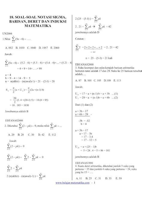 PDF 18 Soal Soal Notasi Sigma Barisan Deret Dan Induksi Matematika