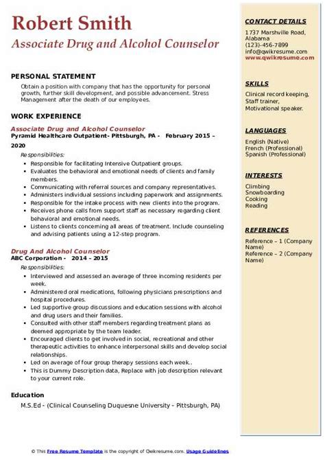 Drug And Alcohol Counselor Resume Samples Qwikresume