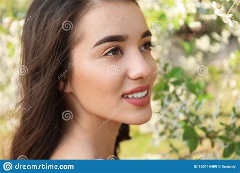 Beautiful Young Woman Near Blossoming Tree On Sunny Spring Day Stock Image Image Of Orchard