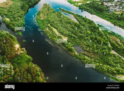 Belarus Aerial View Of Green Forest Small Islands And River Landscape