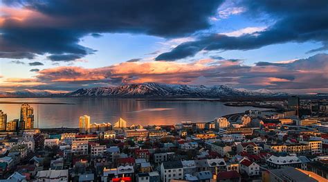 Hd Wallpaper Light Mountains The City Iceland Reykjavik The Fjord