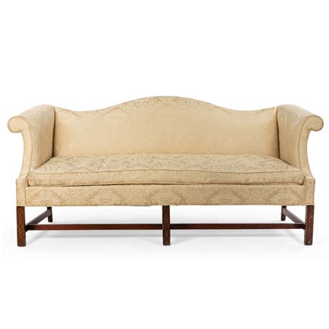 Chippendale Camelback Yellow Damask Sofa With Mahogany Frame