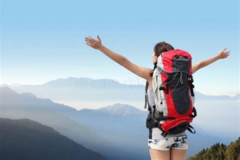 Happy Woman Mountain Hiker Stock Image Image Of Arms 39870475