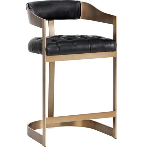 sunpan 104014 beaumont counter stool tufted black leather and antique brass leather counter