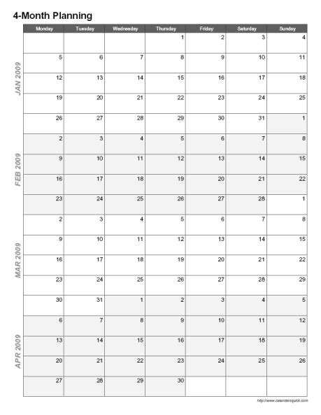 Printable 4 Month Calendar Calendar Templates