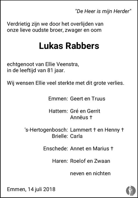 Lukas Luuk Rabbers 14 07 2018 Overlijdensbericht En Condoleances