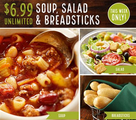Never assume a table wants another round, and always make sure you ask when they are about half way finished. Olive Garden $6.99 Soup, Salad and Breadsticks Lunch thru 8/18