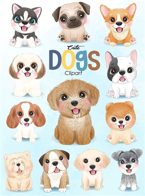 Cute Dogs Clipart With Watercolor Illustration