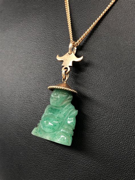 Lot K Yellow Gold Hand Carved Jade Pendant Necklace