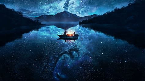 Hd Wallpaper Anime Art Boat Night Water Sky Stars