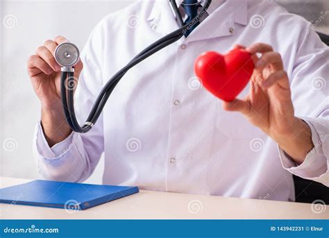 The Male Doctor Cardiologist Holding Heart Model Stock Image Image Of