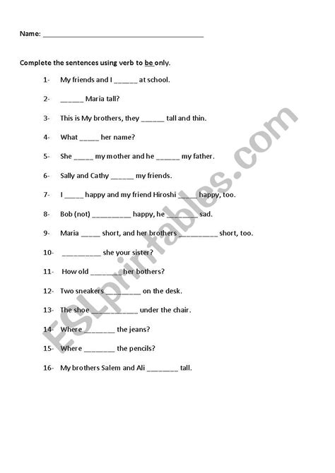 Complete The Sentences Using Verb To Be Esl Worksheet By Faizbasealam
