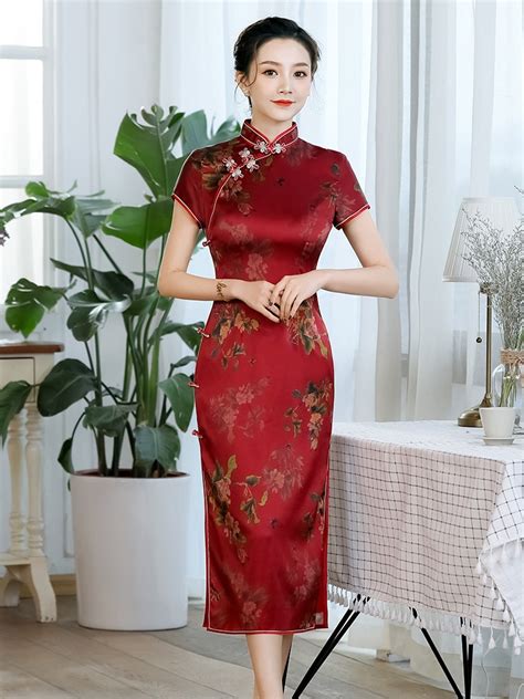 Pretty Silk Chinese Dress Qipao Cheongsam - Short Sleeve - Qipao 