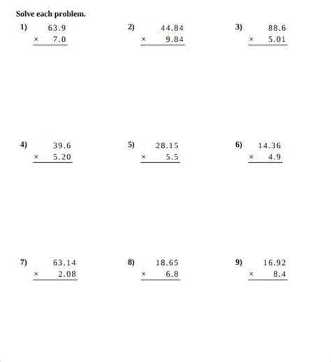 5th grade multiplying decimals worksheets, including multiplying decimals by decimals, multiplying multiplication of decimals. FREE 8+ Sample Multiplying Decimals Vertical Worksheet ...