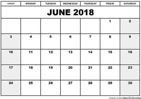 June 2018 Monthly Calendar Printable Templates Printable Calendar 2018