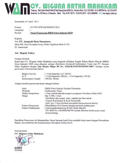 Contoh surat penawaran barang bangunan. Surat Penawaran PT. Anugerah Duta Nusantara