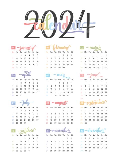 Calendar 2024 Pastel Color Template Vector Calendar 2024 2024 2024